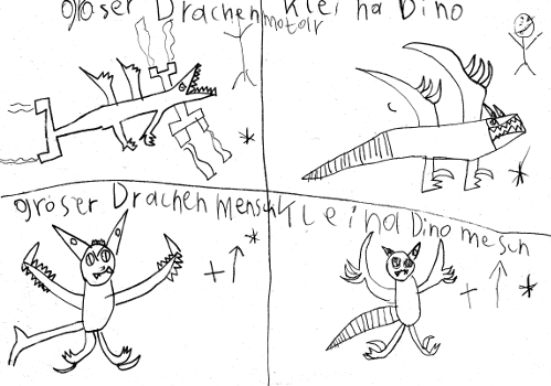 Großer Drachenmotor - kleiner Dino / Großer Drachenmensch - kleiner Dinomensch